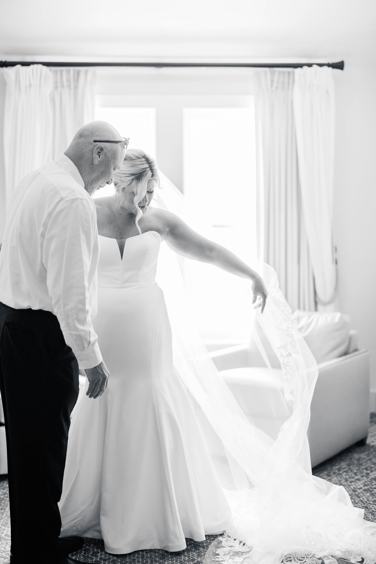 Series of intimate moments during wedding dress preparations in a sunlit room with white curtains.