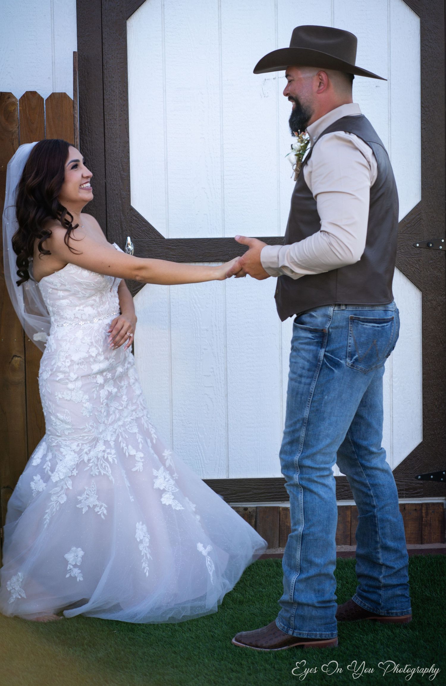 Sequential dance photos of bride and western-dressed partner against white barn wall.