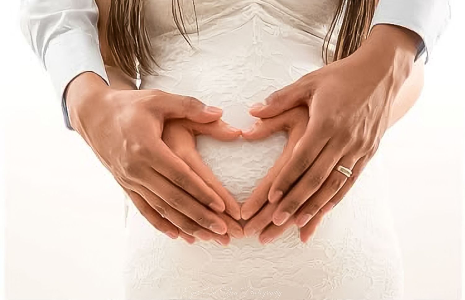 Multiple shots of hands clasped together against a bright white dress of mother pregnant.