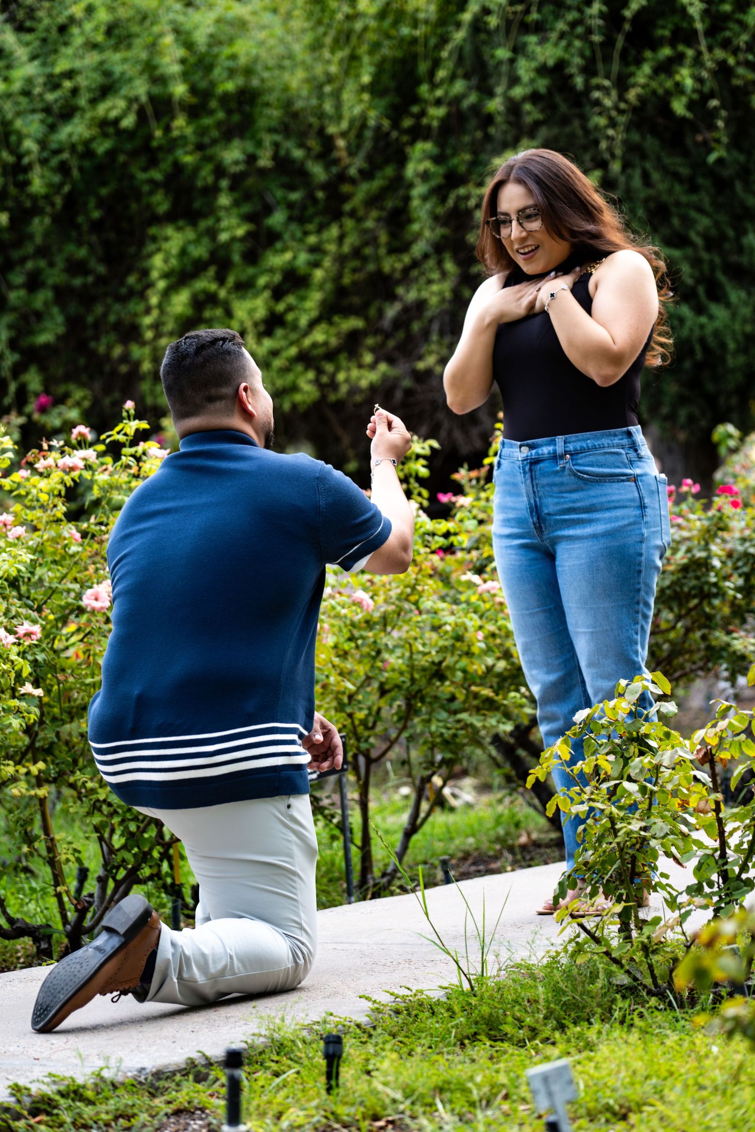 Romantic proposal moment in a blooming garden with roses and greenery.