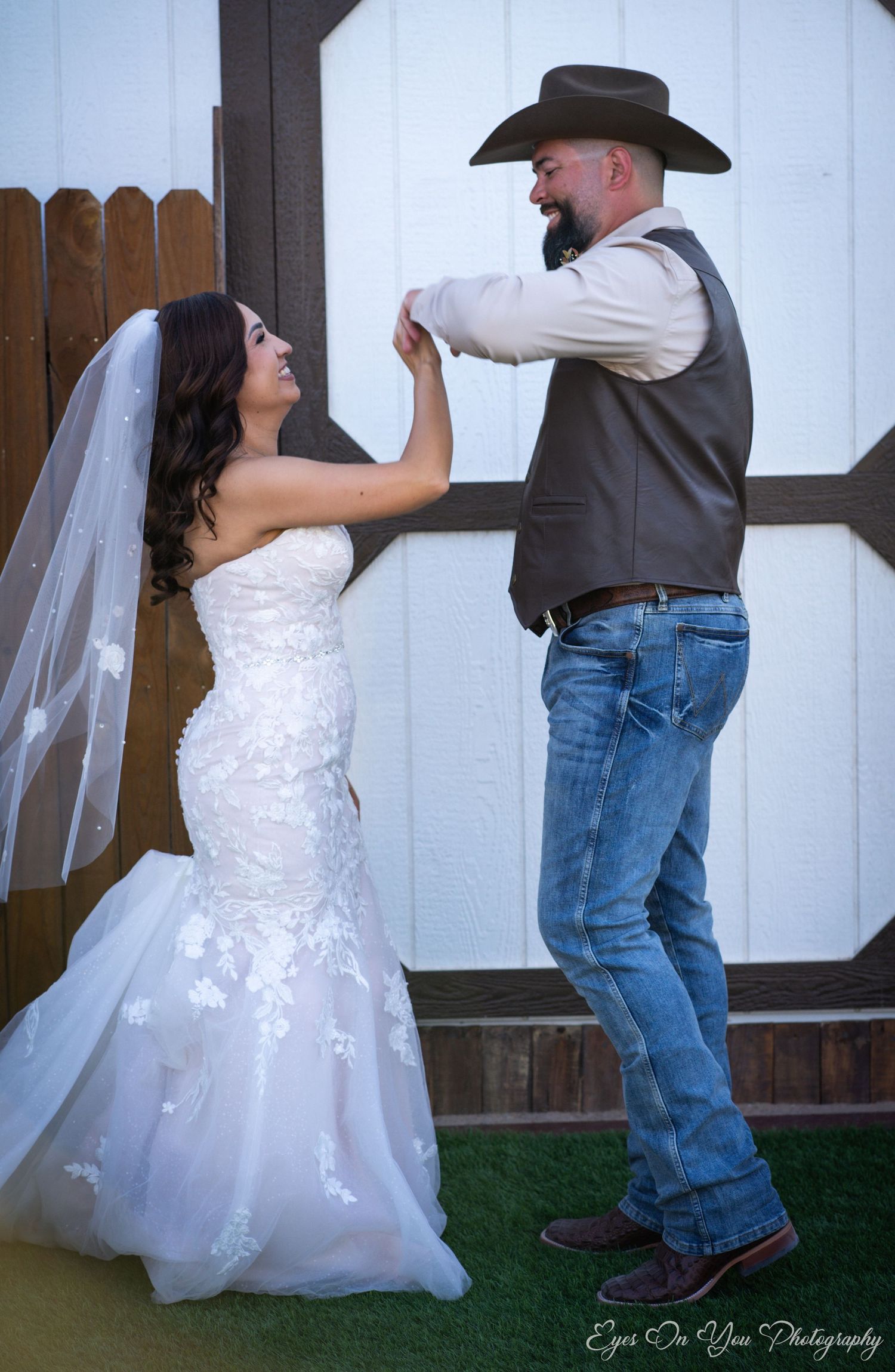 Series of dance poses between bride in white dress and partner in western attire.