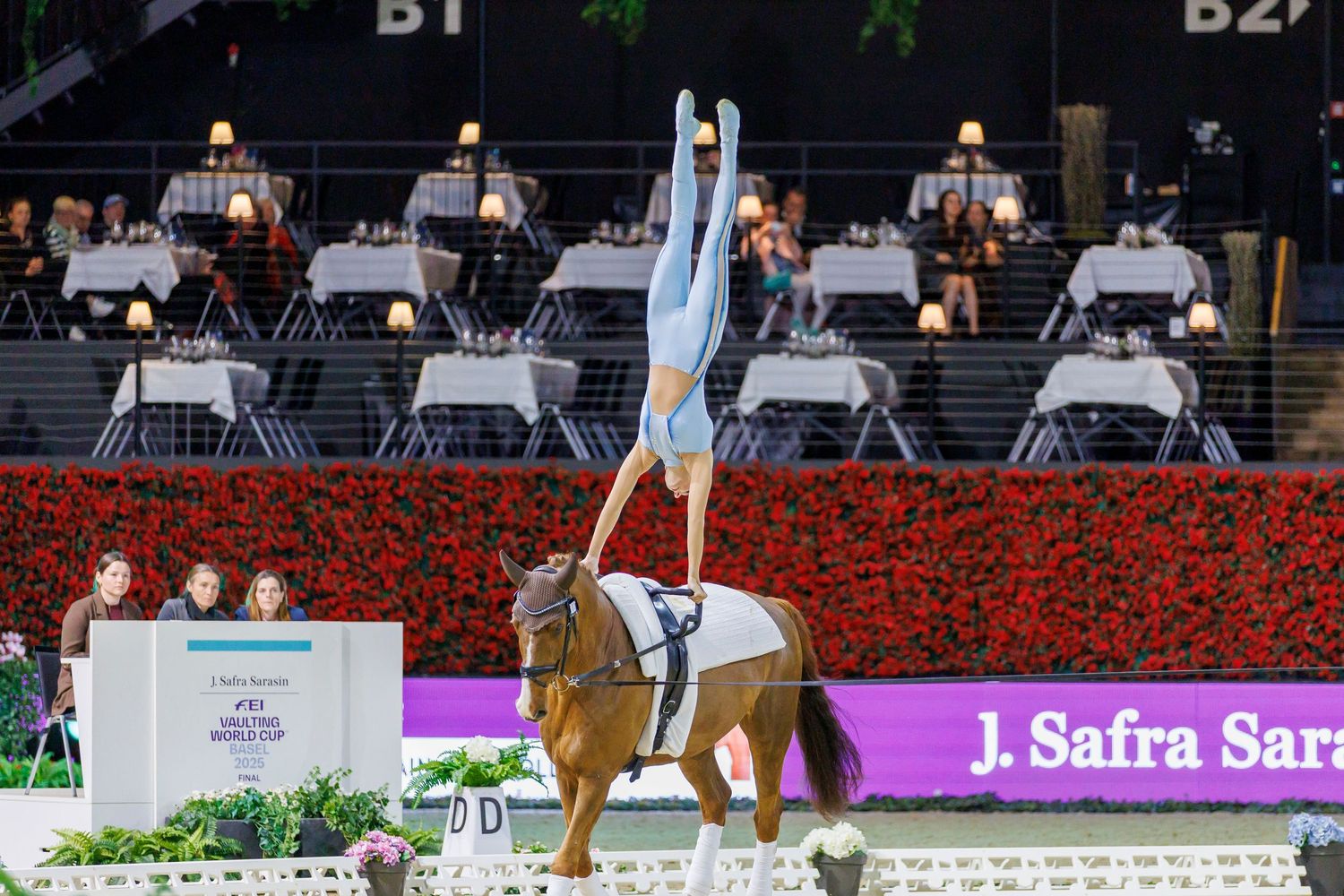 Katherin Meyer (GER) and Capitain Claus Old during J. Sarasin FEI Vaulting World Cup Finals - Freestyle Individual Female - 2025 Bâle, Switz