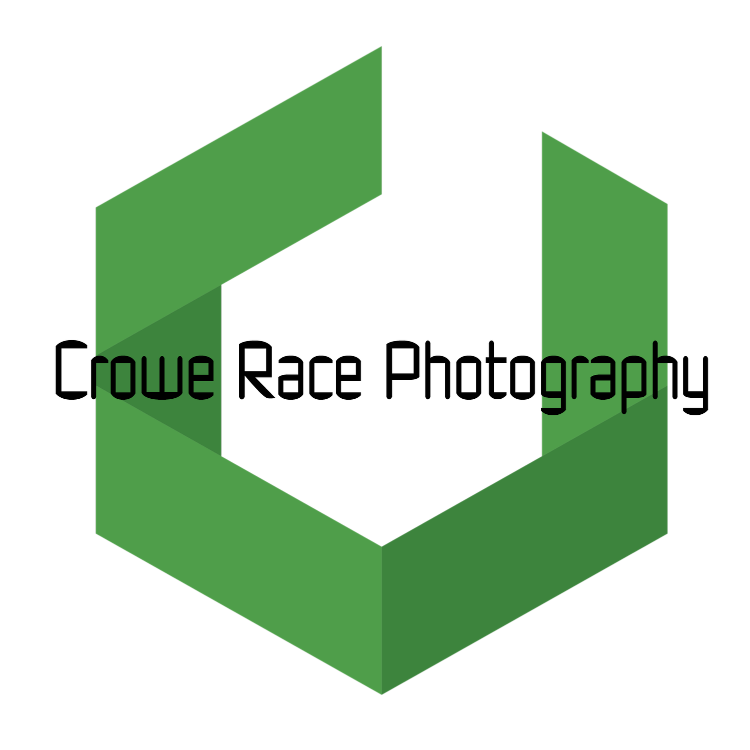 Green hexagonal logo design for Crowe Race Photography with geometric shapes and black text.