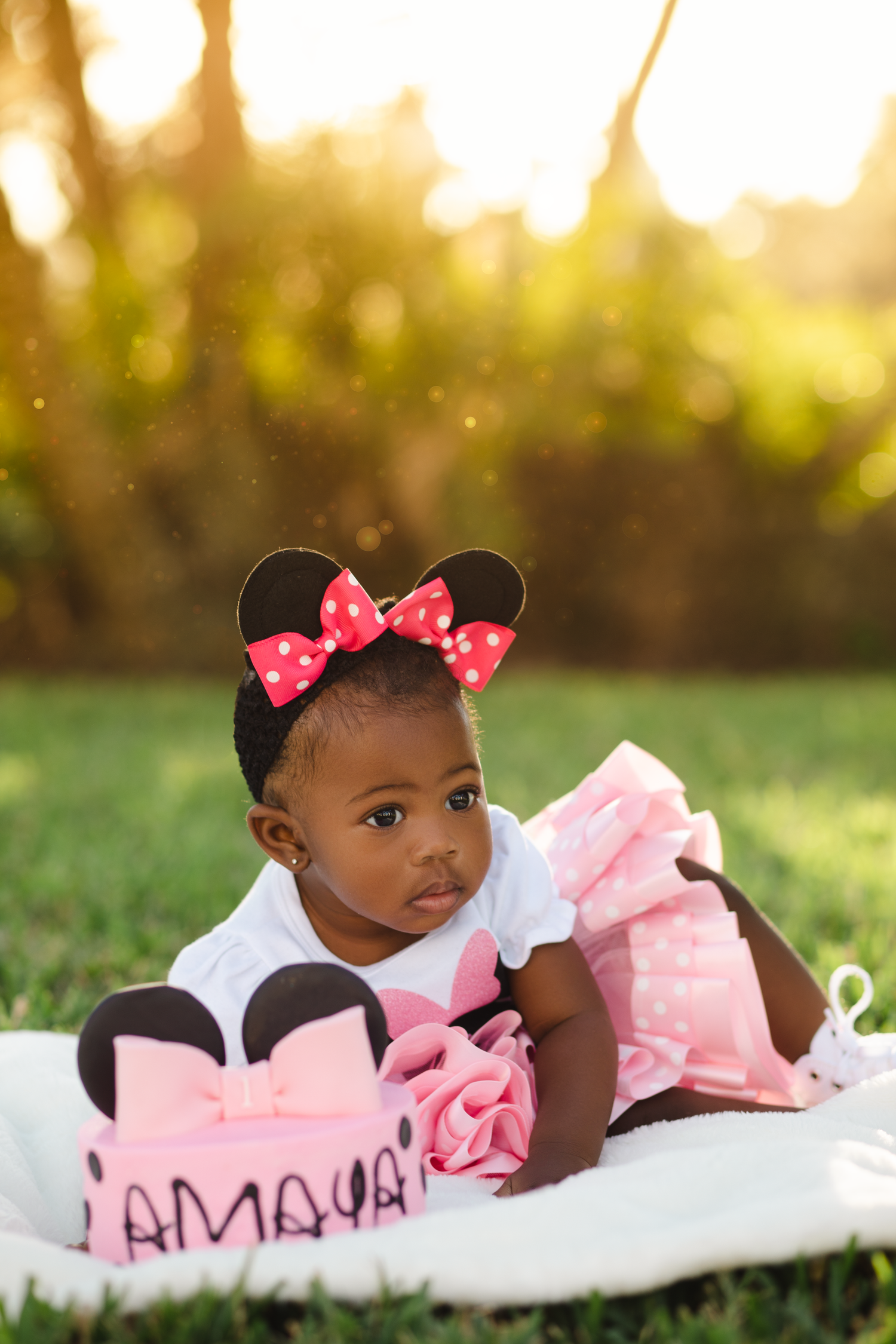 Baby girl in Minnie Mouse ears and pink tutu dress celebrates first birthday outdoors with personalized cake.