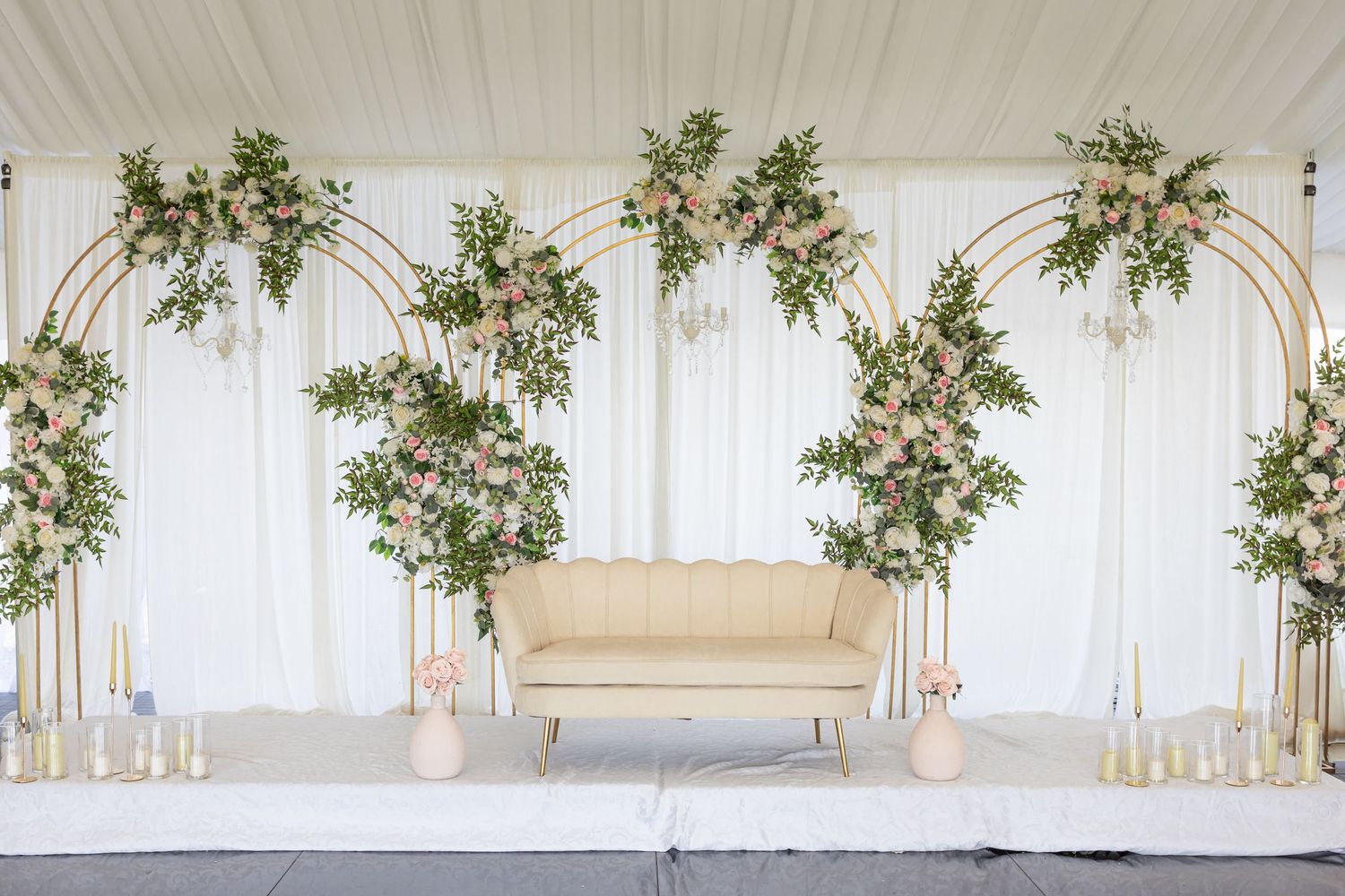This image shows the event backdrop and decor at an engagement party.