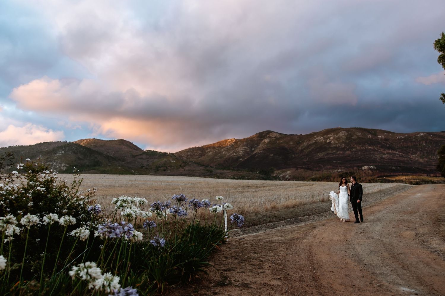 Wedding couple on dirt path with mountain landscape and wildflowers at sunset.