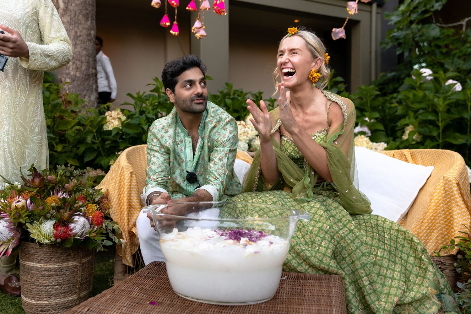 Collection of candid moments from a wedding celebration in an outdoor garden setting.