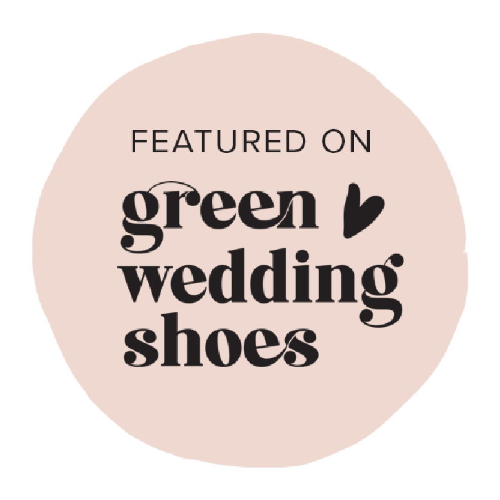 Circular pink badge for Green Wedding Shoes featuring black text and heart icon.