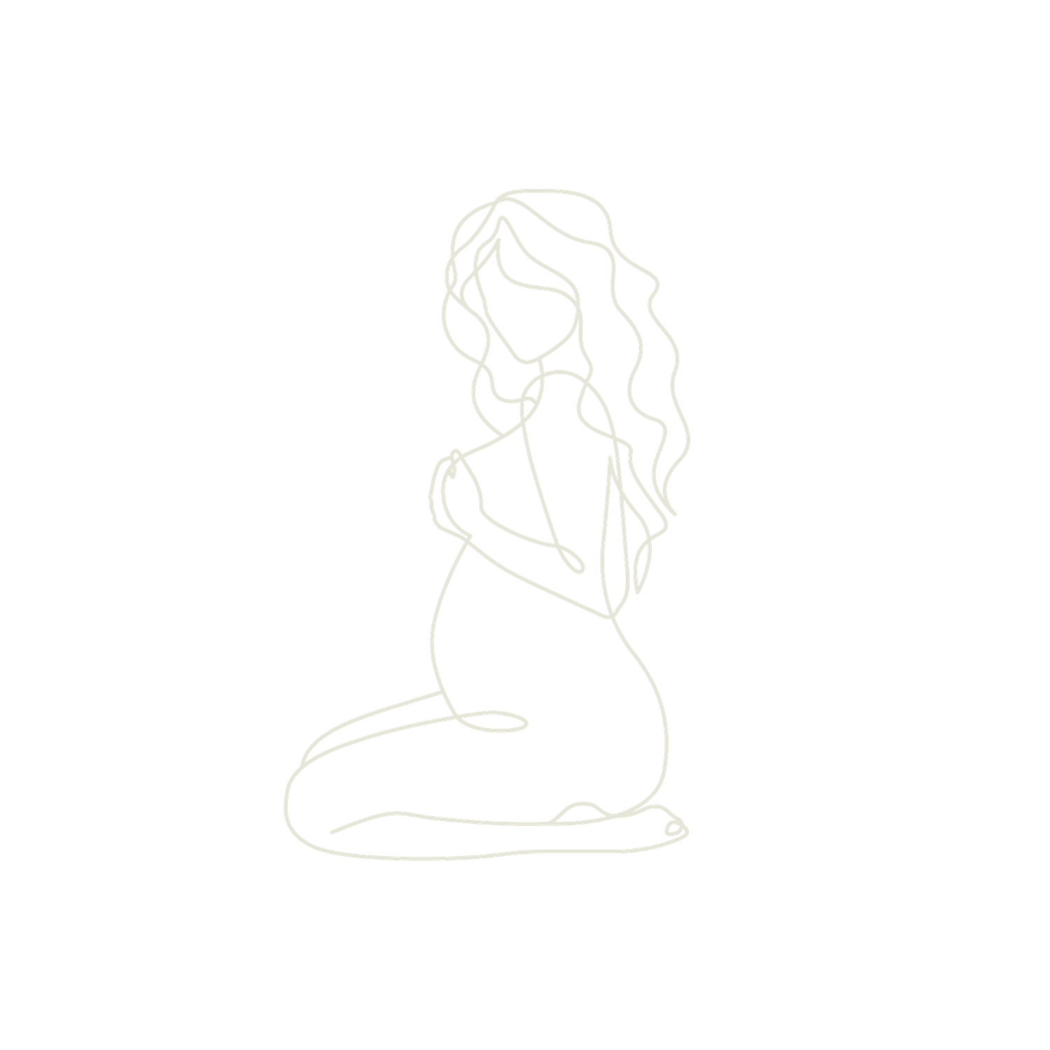 Simple line drawing of a seated female figure with flowing hair in a minimalist style.