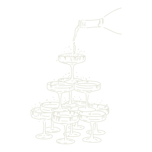 Light pencil sketch of champagne glasses arranged in a pyramid tower formation with liquid being poured from above.