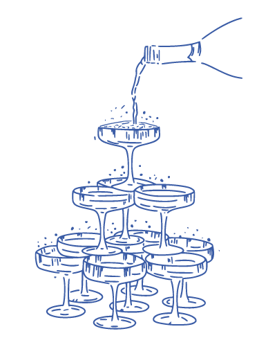Simple line drawing of three champagne glass arrangements showing different table setting configurations.