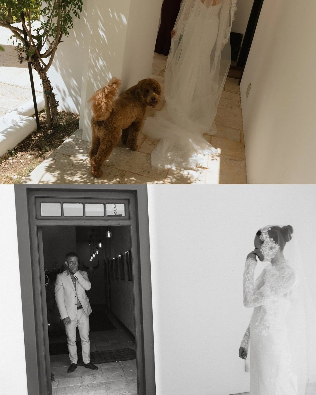 A series of black and white surveillance camera stills showing someone in white protective gear moving through doorways.
