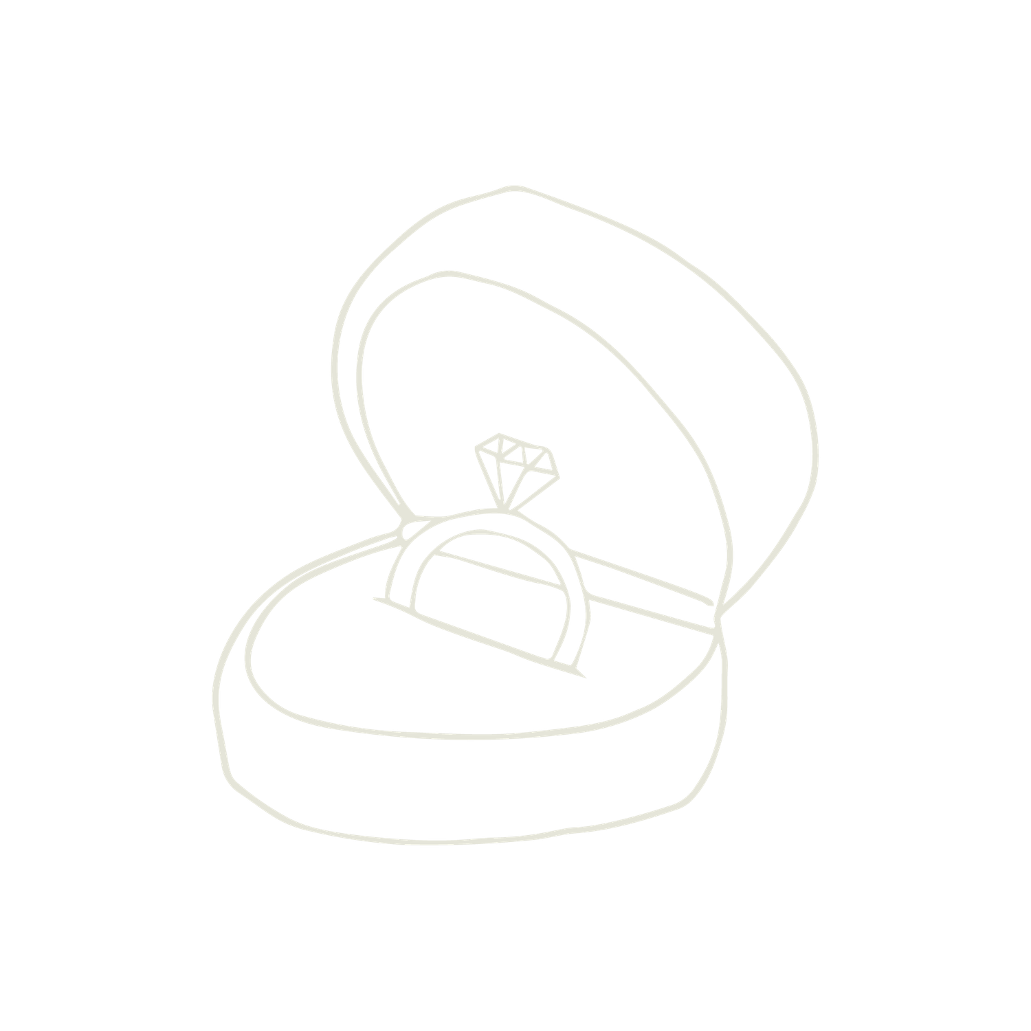 Light pencil sketch of an engagement ring box with a diamond ring inside, drawn in simple outline style.