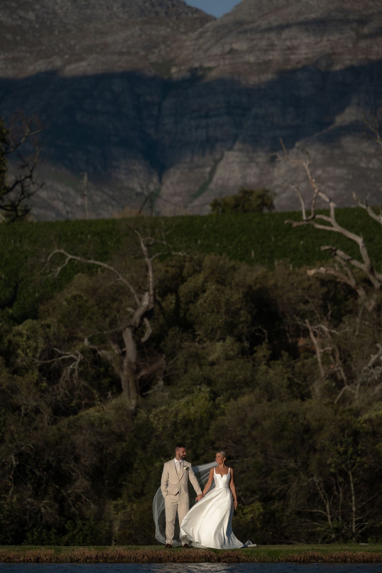 A couple in wedding attire stands together against a dramatic mountain landscape with bare trees at sunset.