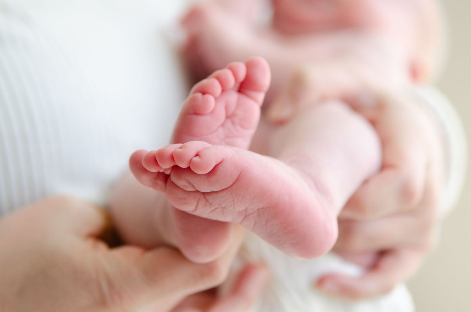 A close-up series of tiny newborn baby feet and toes against a soft white background.