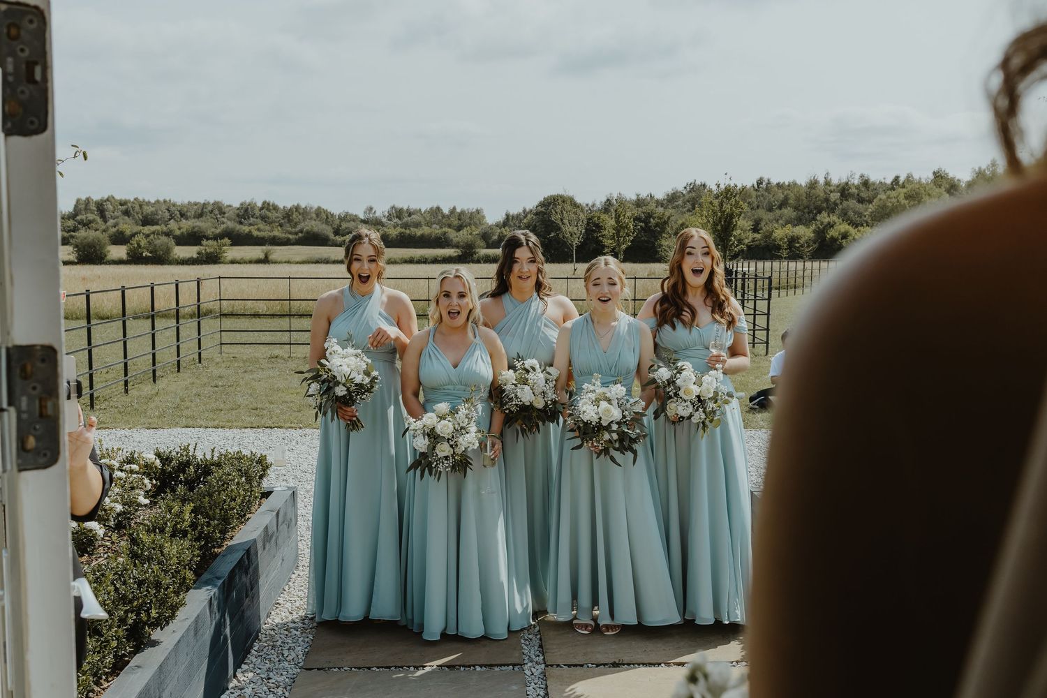 Bridesmaids in light blue dresses stand together on a porch overlooking scenic countryside.