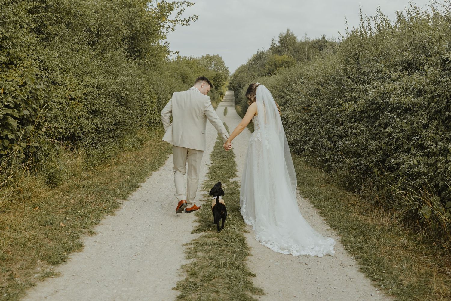 Wedding couple walks down a scenic nature path surrounded by lush greenery.