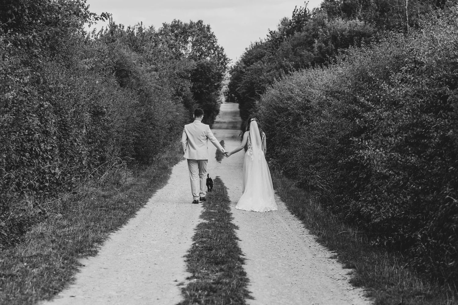 Black and white photo of newlyweds walking along a tree-lined path.