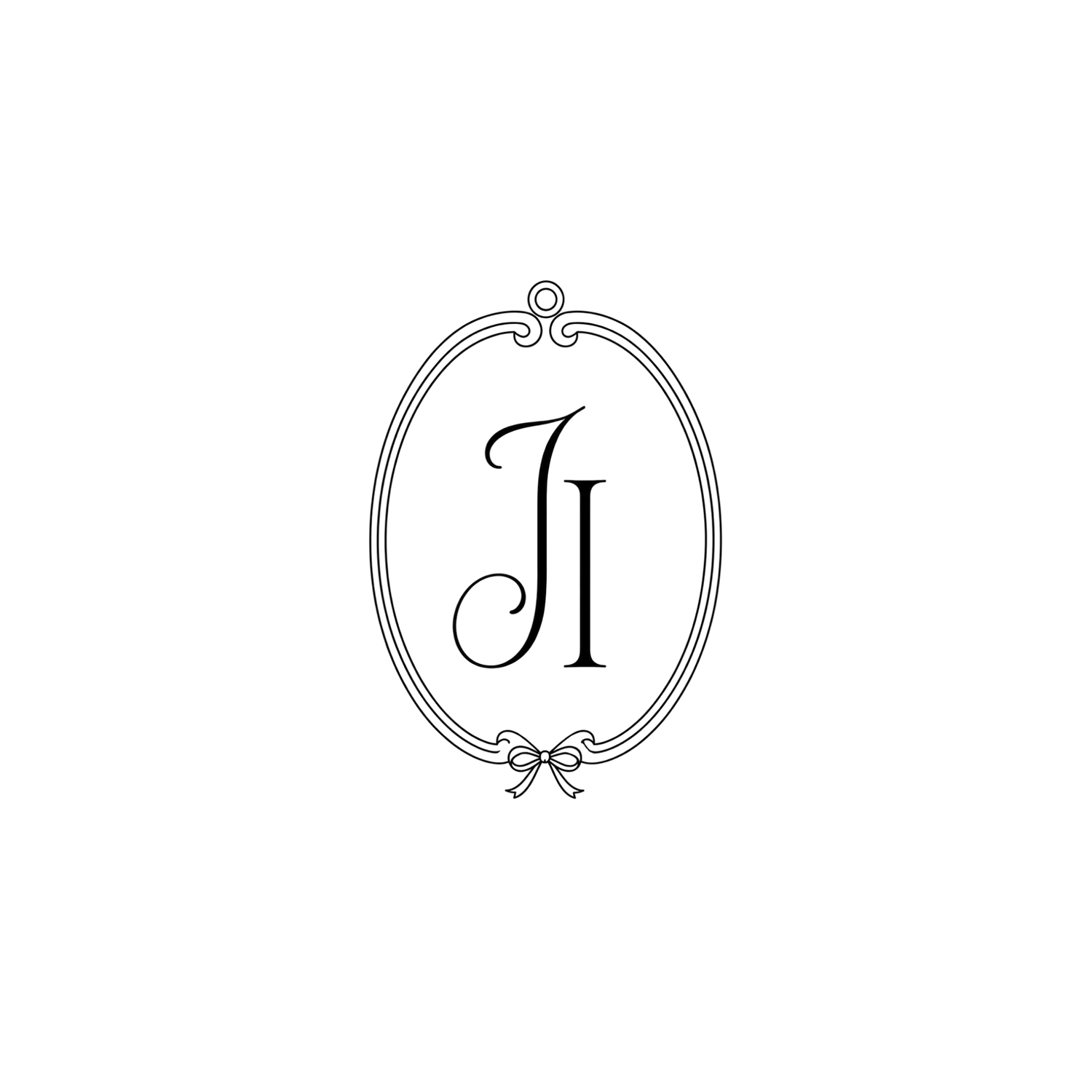 Elegant oval frame with decorative bow and ring topper enclosing monogram letters JI in classic serif font.