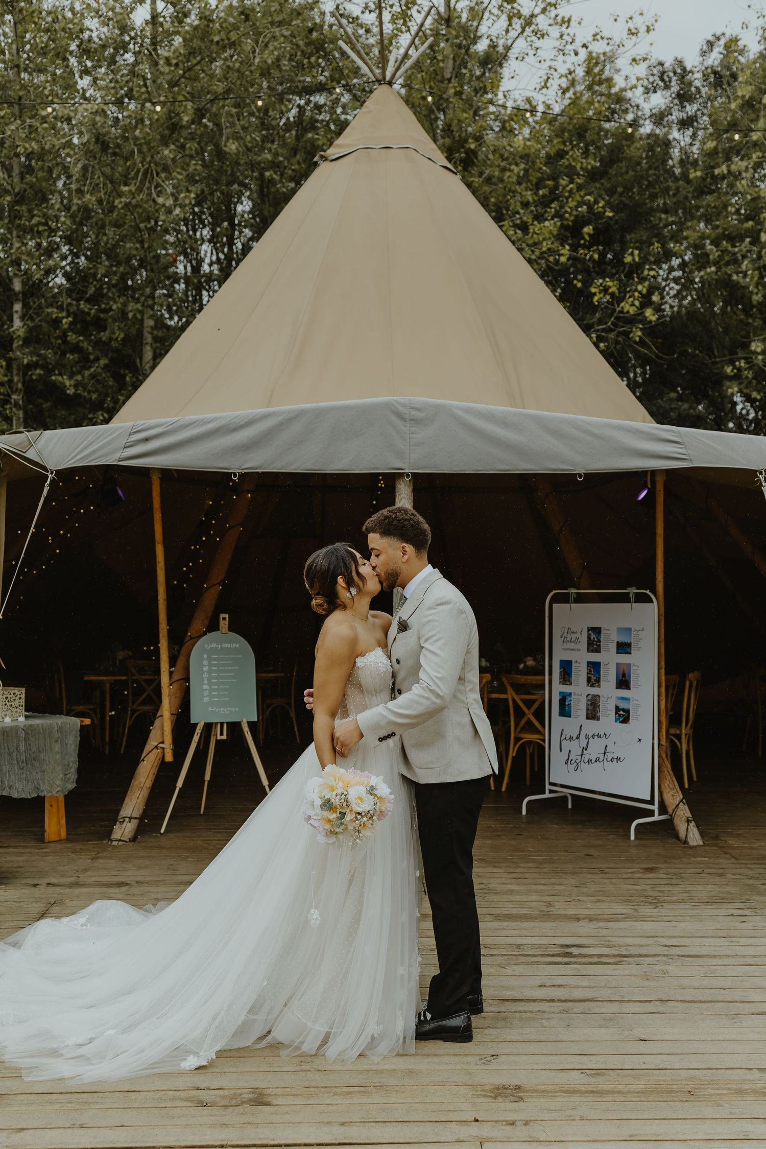 Romantic wedding couple shares intimate moments under Tipi during their special day.