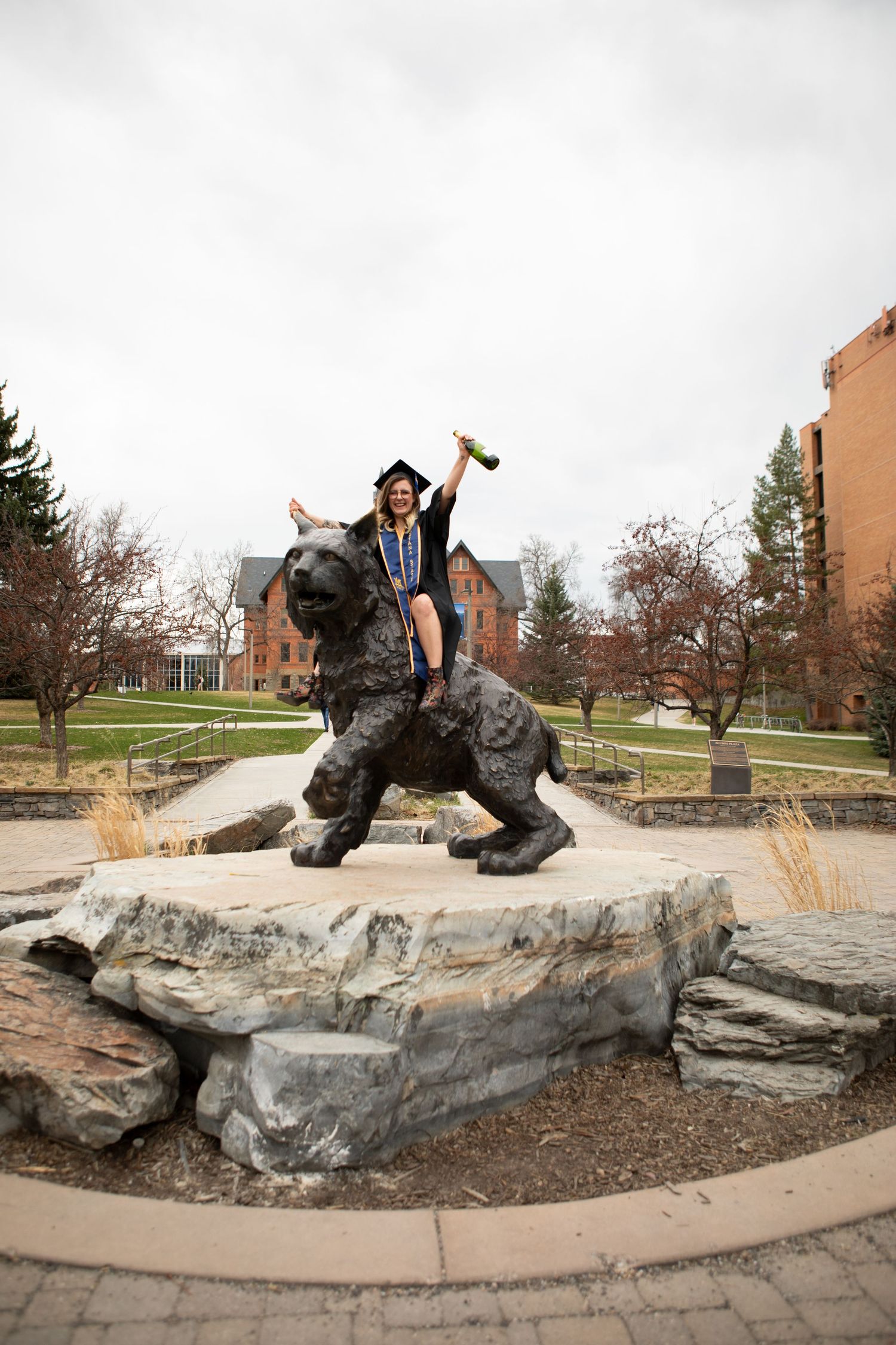 A Montana State University grad sits on top of Spirit the Bobcat holding a champagne bottle in celebration in Bozeman.