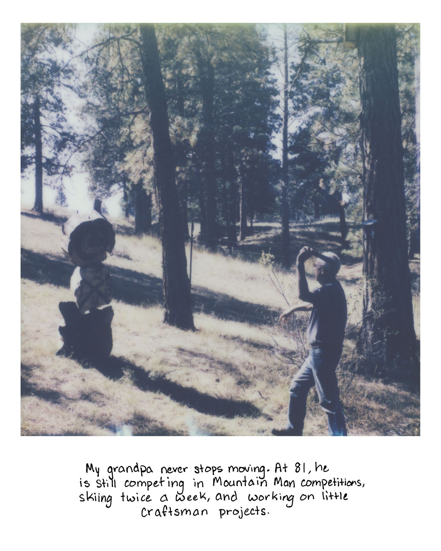Sierrah Elizabeth Photography's senior exhibition project, a scanned polaroid image of her grandpa throwing an axe.