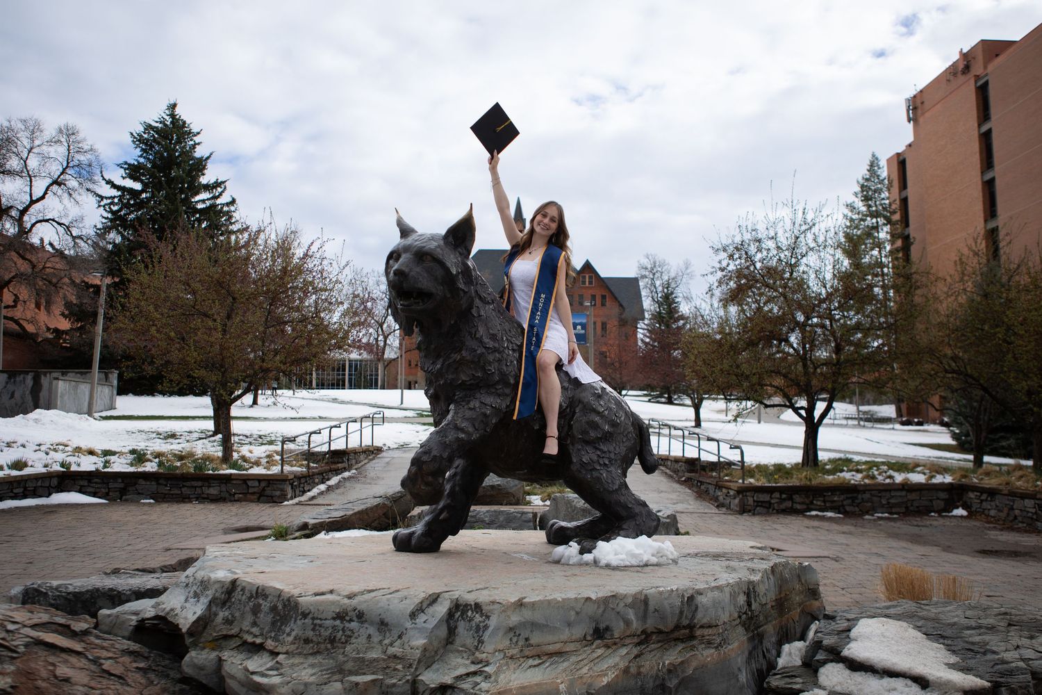 A Montana State University grad sits on top of Spirit the Bobcat in Bozeman, Montana.