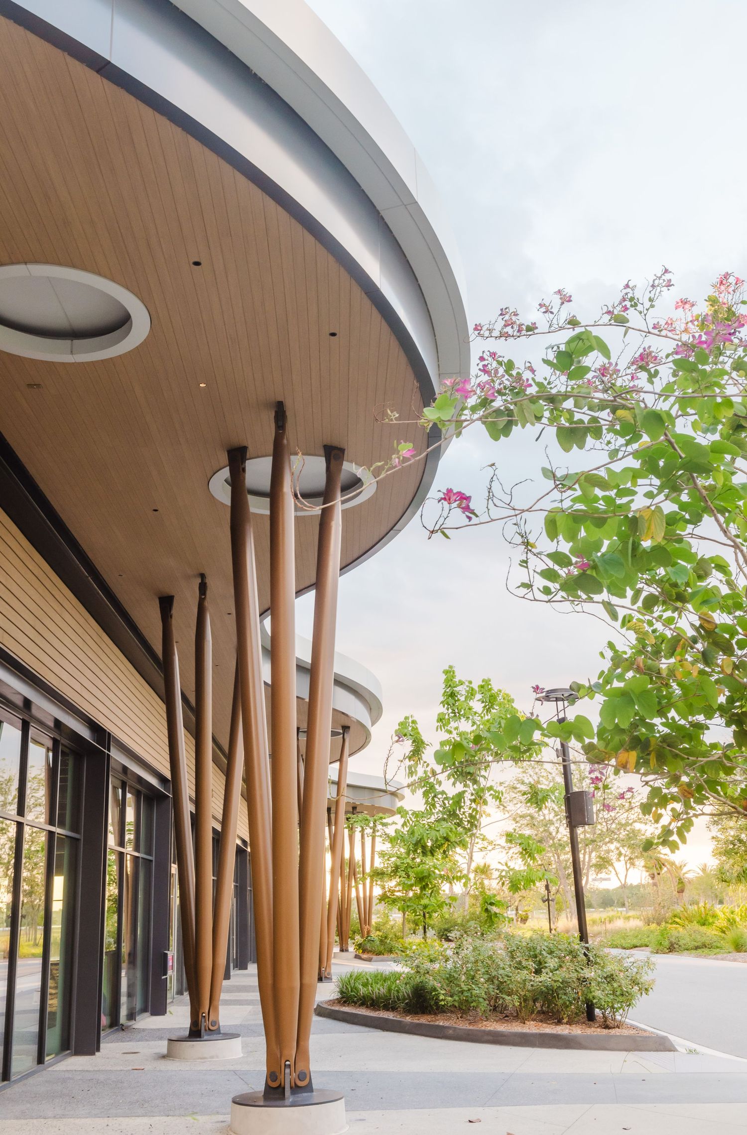 Modern architectural entrance with wooden columns and curved overhang surrounded by landscaping.
