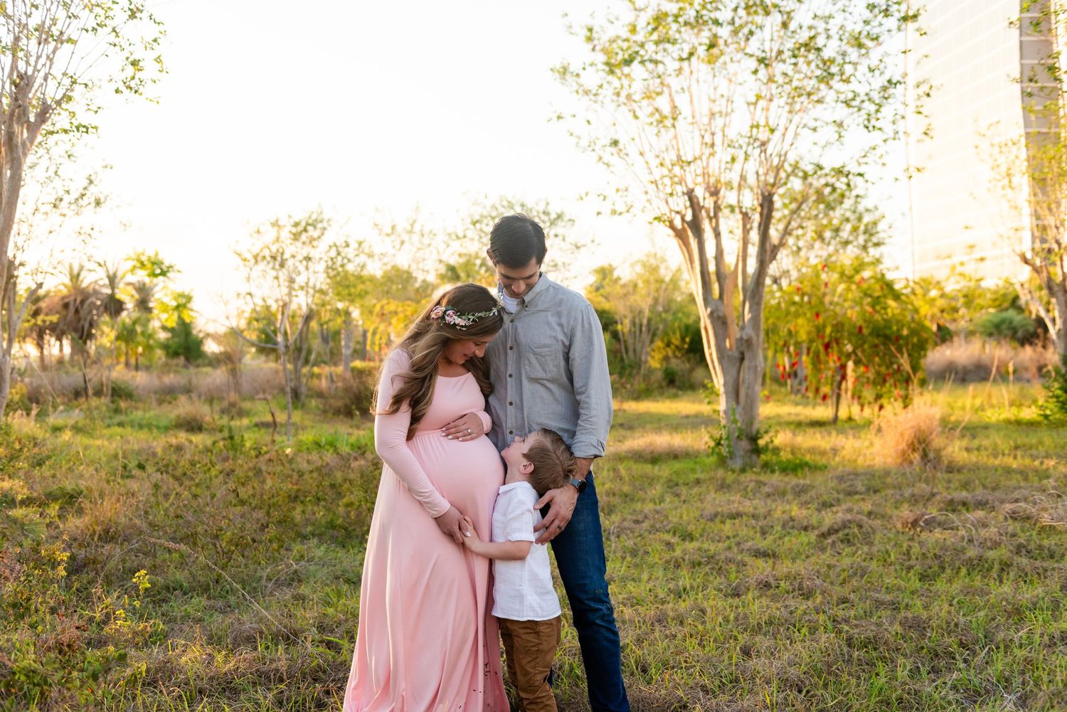 A family embraces together in a sunlit field at golden hour with trees in the background.