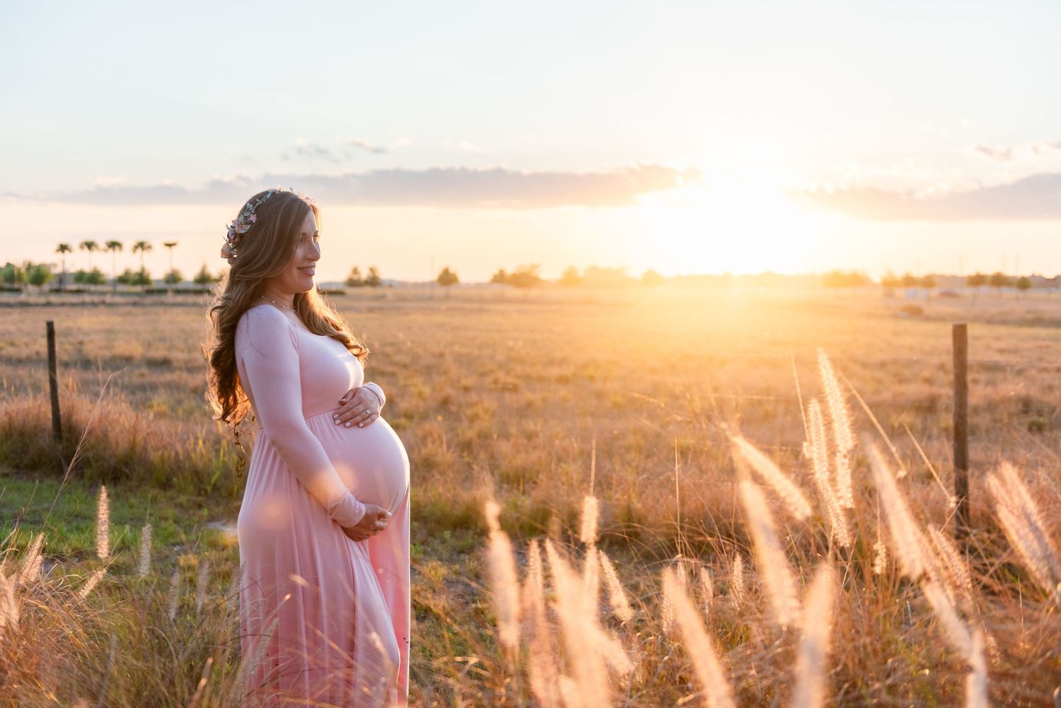 Pregnant woman in pink dress standing in golden field during sunset as wheatgrass sways in evening light.