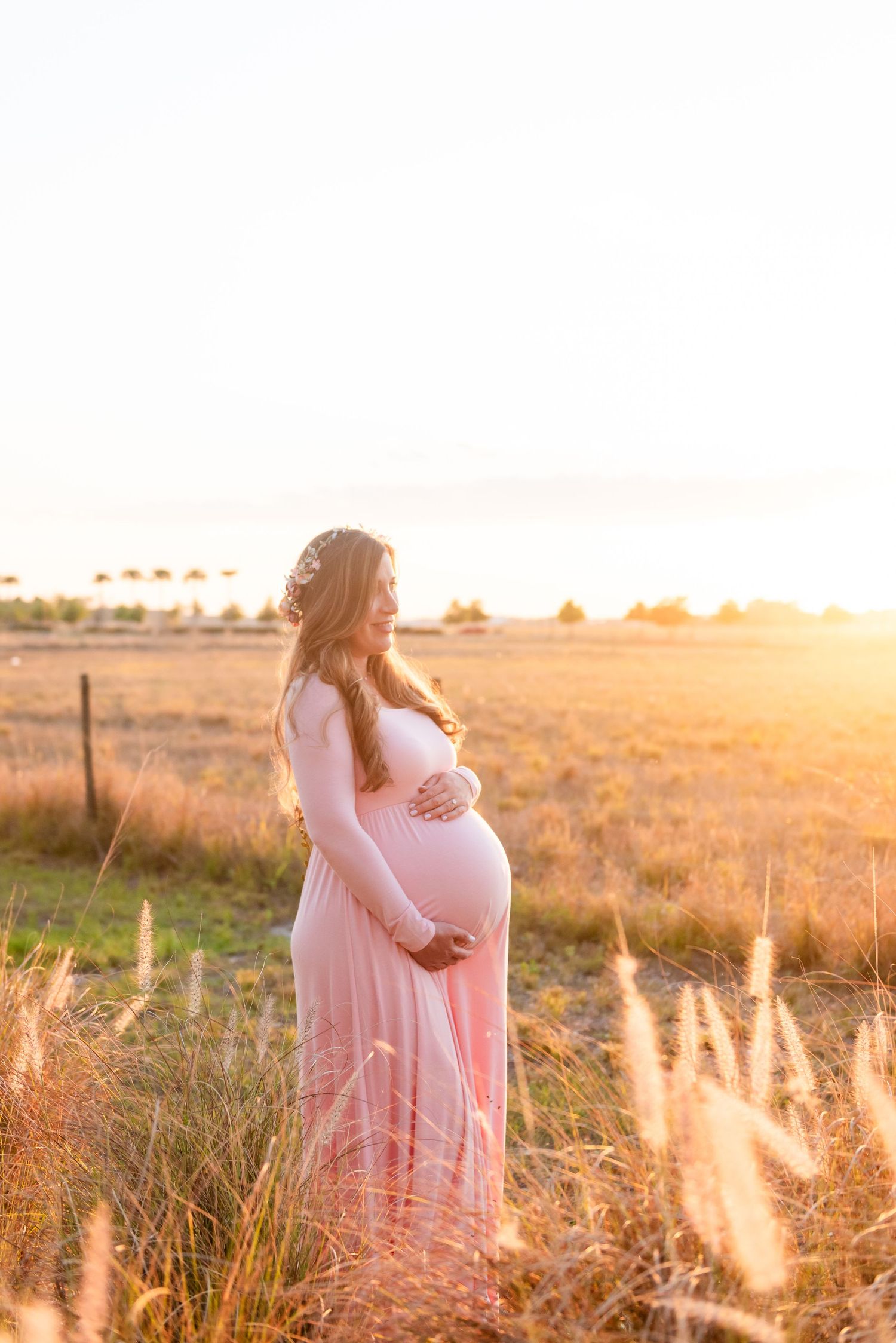 A pregnant figure in a flowing pink dress stands in a sunlit field with golden grasses during sunset.