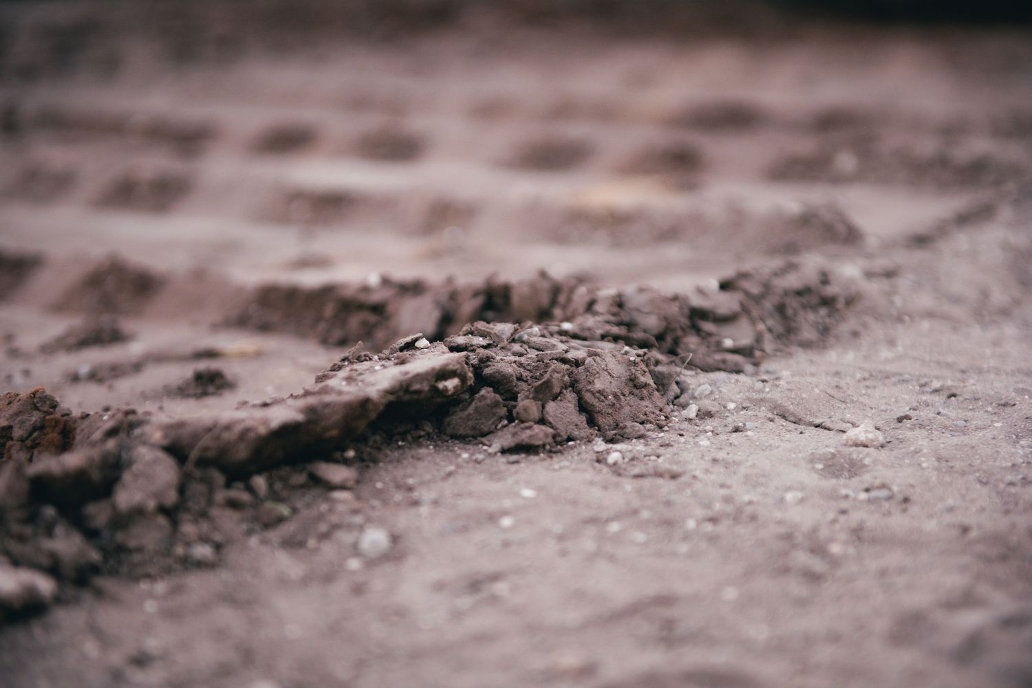 Macro photograph of textured dirt and tire tracks on rough ground.