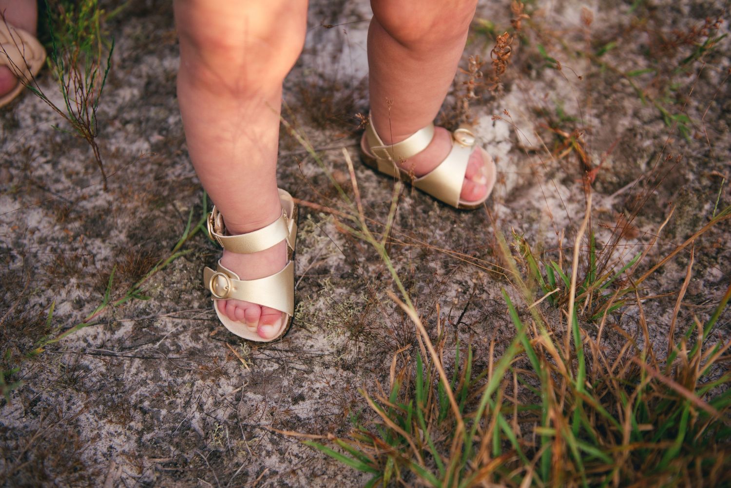 Close-up of infant feet wearing gold sandals on textured ground.