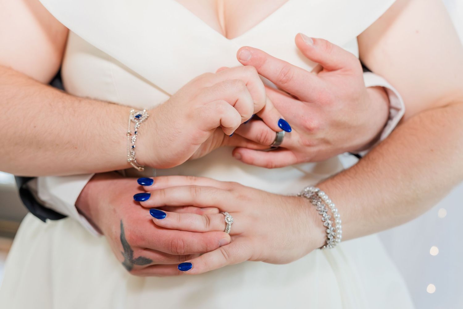 Detail shots of hands and jewelry displayed on white background.