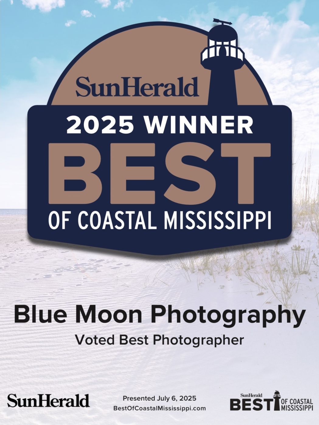 Award badges and logos for Blue Moon Photography as 2025 winner of Best Photographer in Coastal Mississippi.