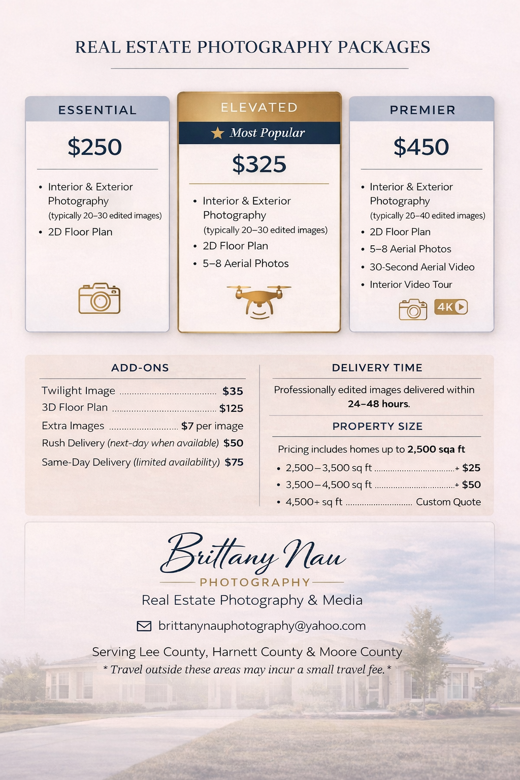 Real estate photography pricing packages showing three tiers of service with prices ranging from $250 to $450.