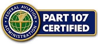Collection of aviation certification badges and logos including FAA Part 107 and certified operator emblems.