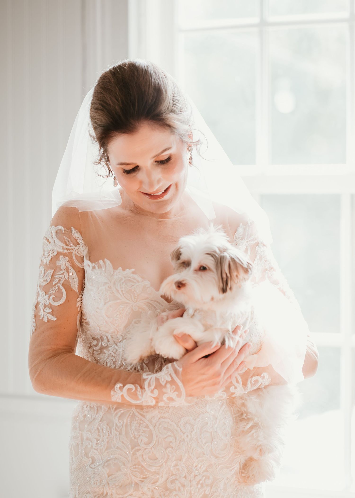 A bride in a lace wedding dress smiles while holding a small white fluffy puppy near a bright window.
