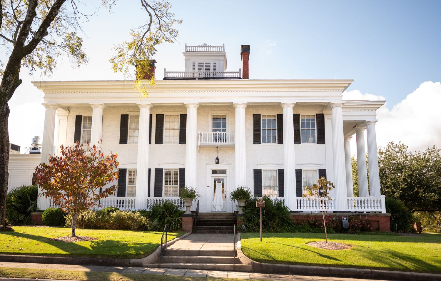 Stately white antebellum mansion with Greek Revival architecture featuring tall columns and black shutters in afternoon light.