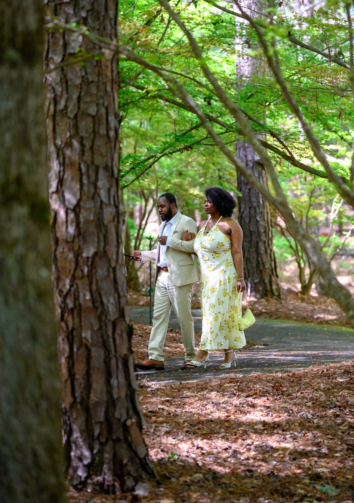 A couple walks hand-in-hand along a sunlit forest path surrounded by tall trees and green foliage.