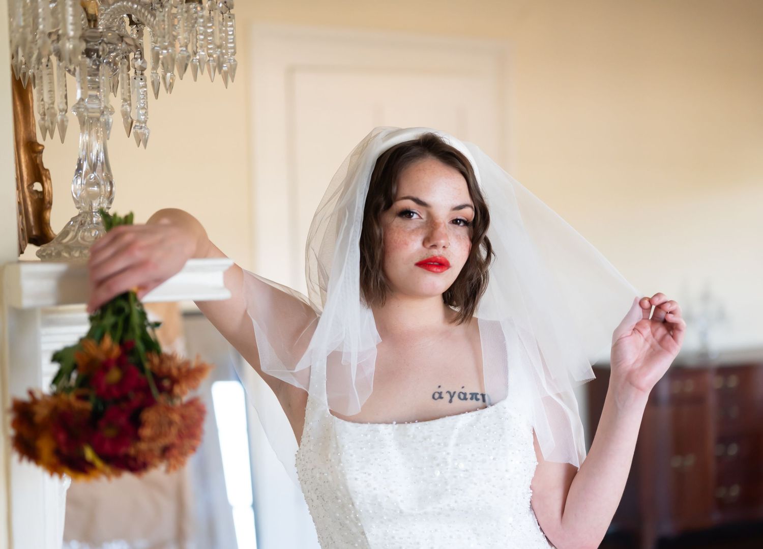 A vintage-style bridal getting ready sequence shows detail shots of a veil, dress, and accessories against a cream backdrop.