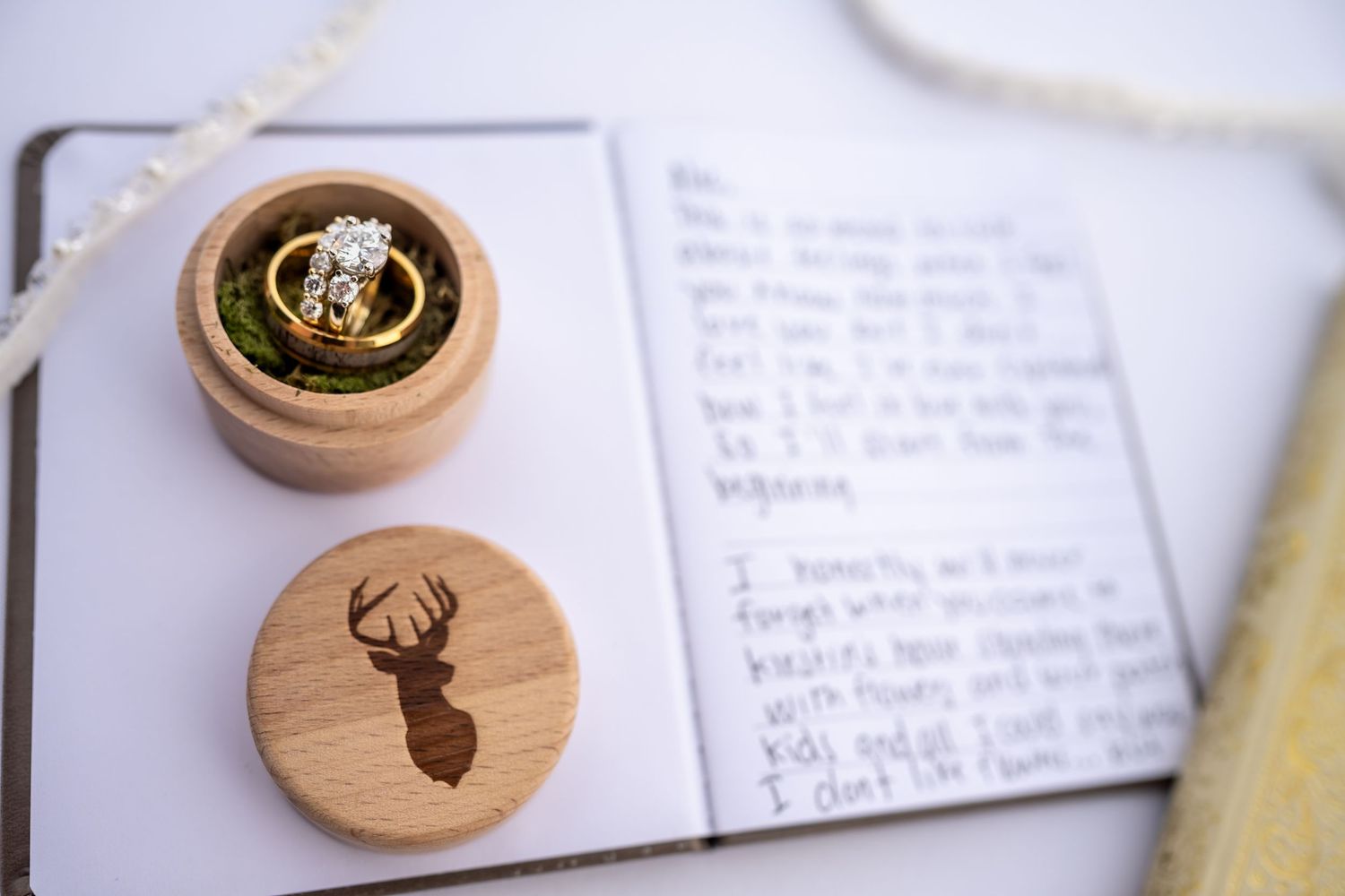 Wooden stamps with deer and Celtic designs rest on an open notebook with handwritten text.