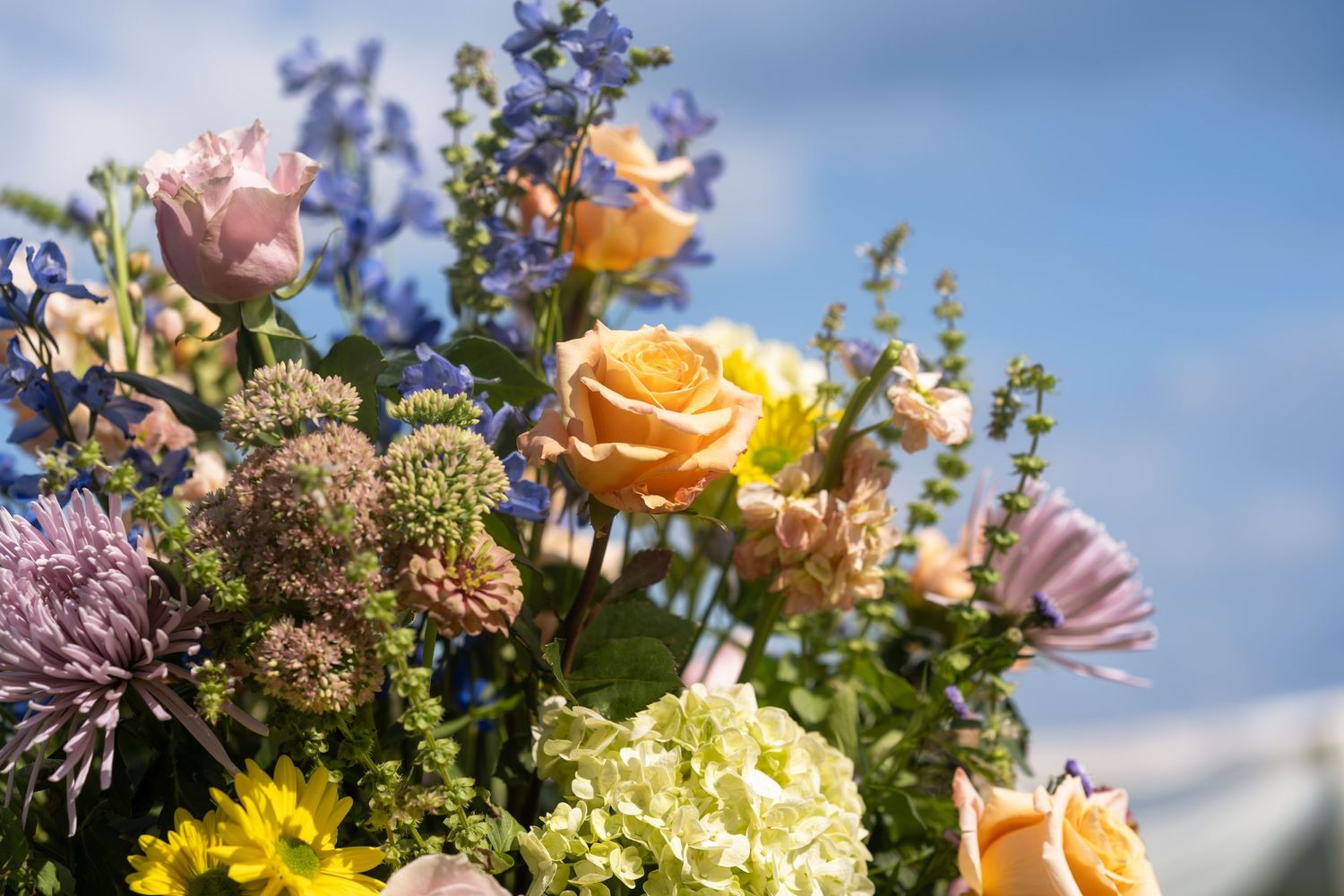 Colorful floral arrangement with yellow roses, pink blooms and delicate purple flowers against a blue sky background.