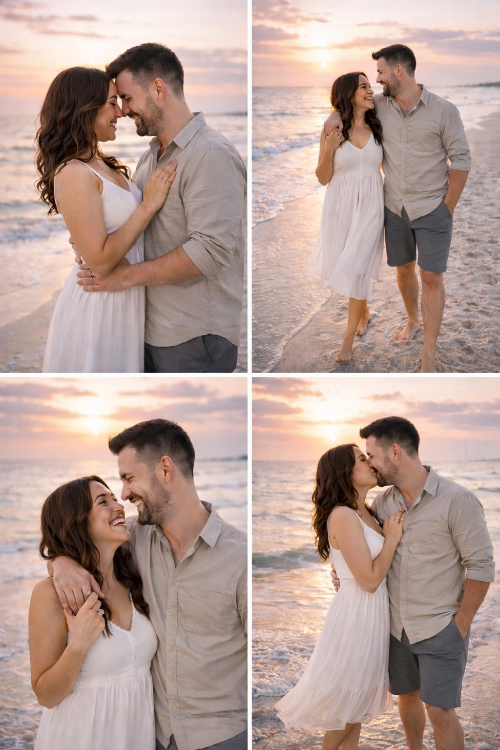 A romantic couple embraces on a beach at sunset, creating intimate portraits in flowing white dress and casual attire.