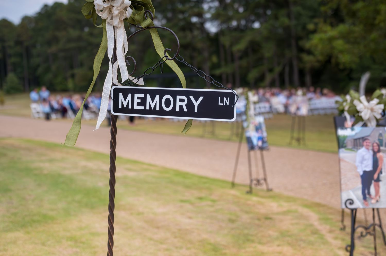 A black and white 'Memory Lane' street sign stands against a blurred green background with people walking in the distance.