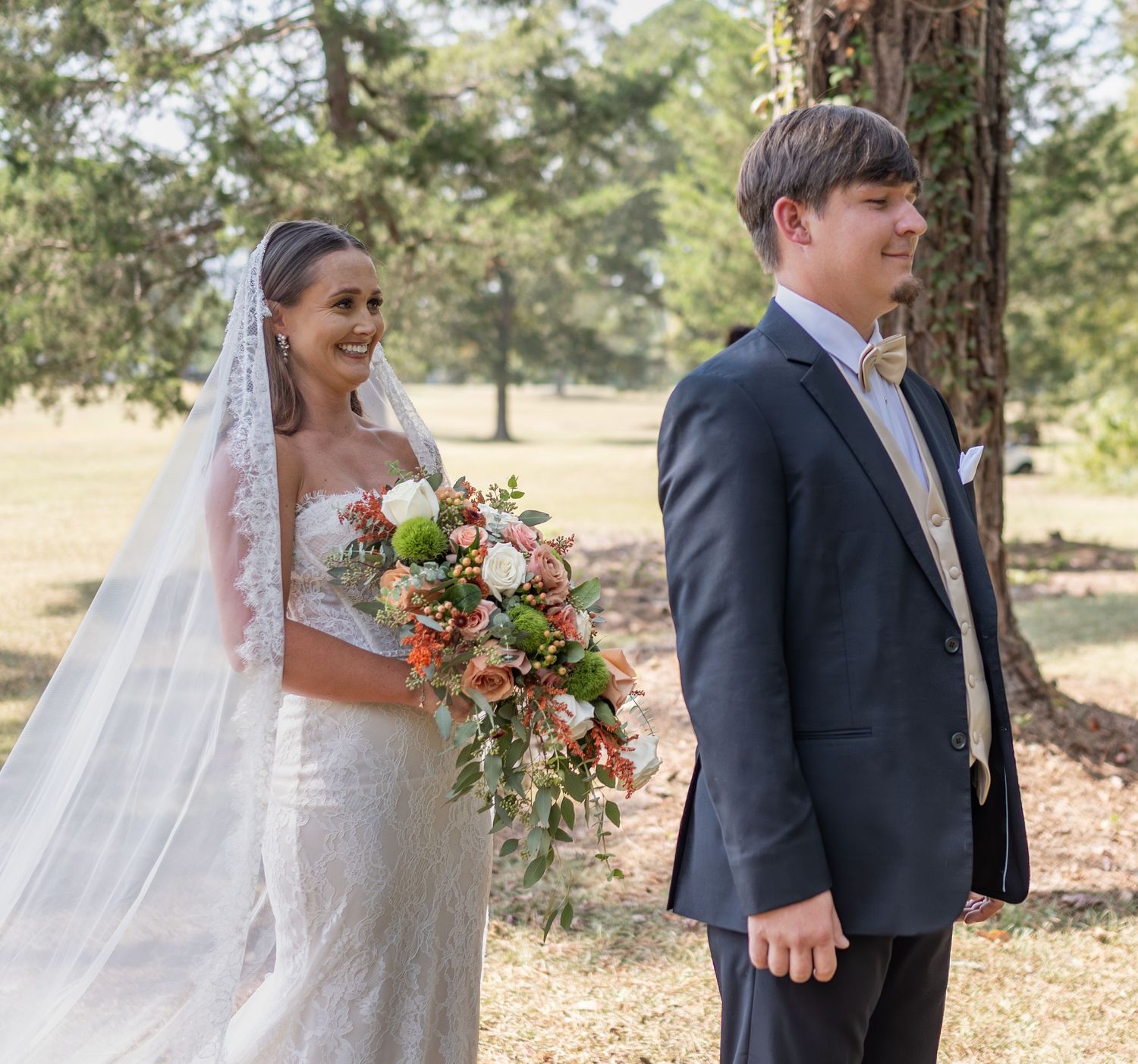 A romantic wedding photo sequence showing candid moments between a couple in an outdoor wooded setting.