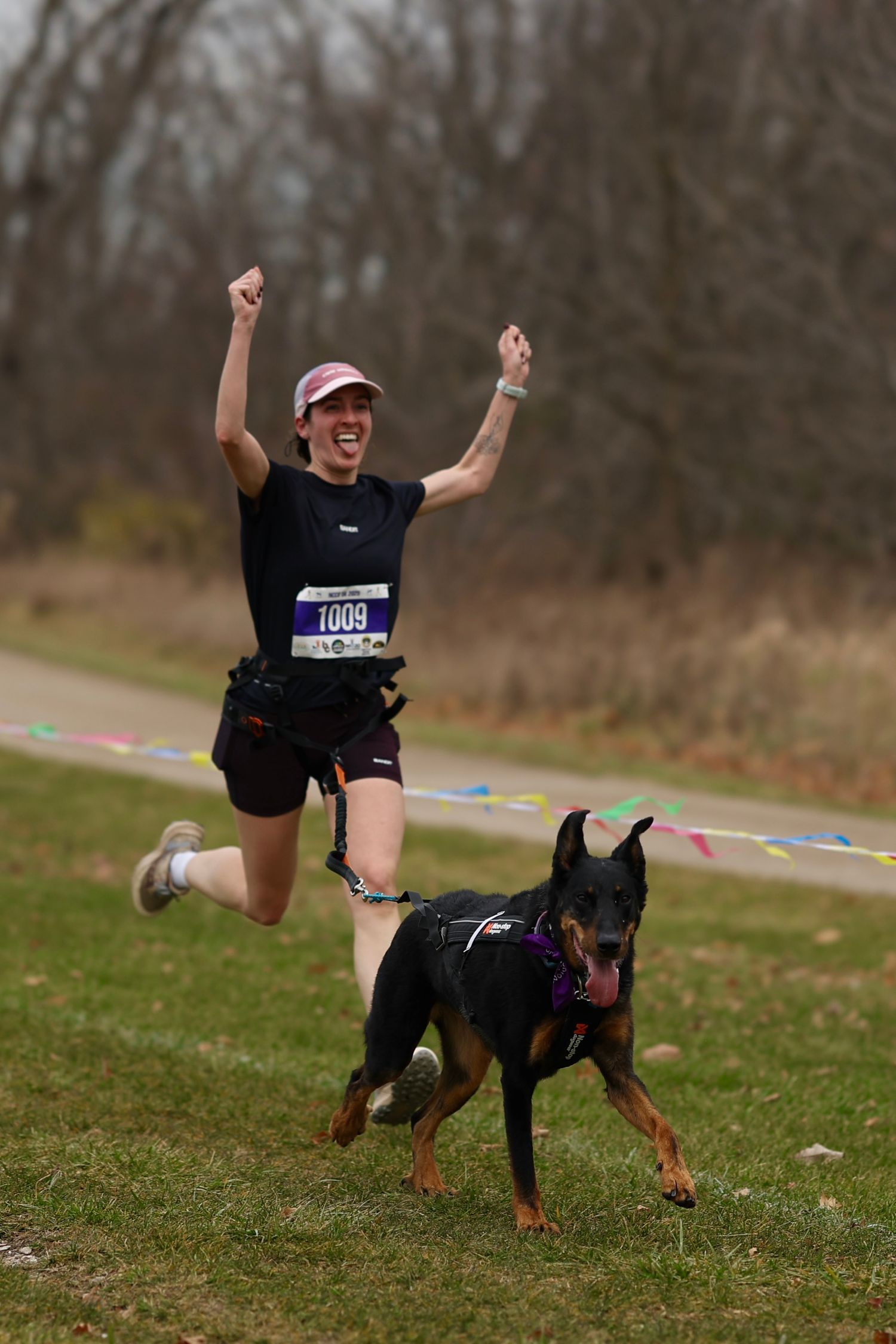 A sequence of action shots shows a person falling and tumbling in a field while playing with their Rottweiler dog.