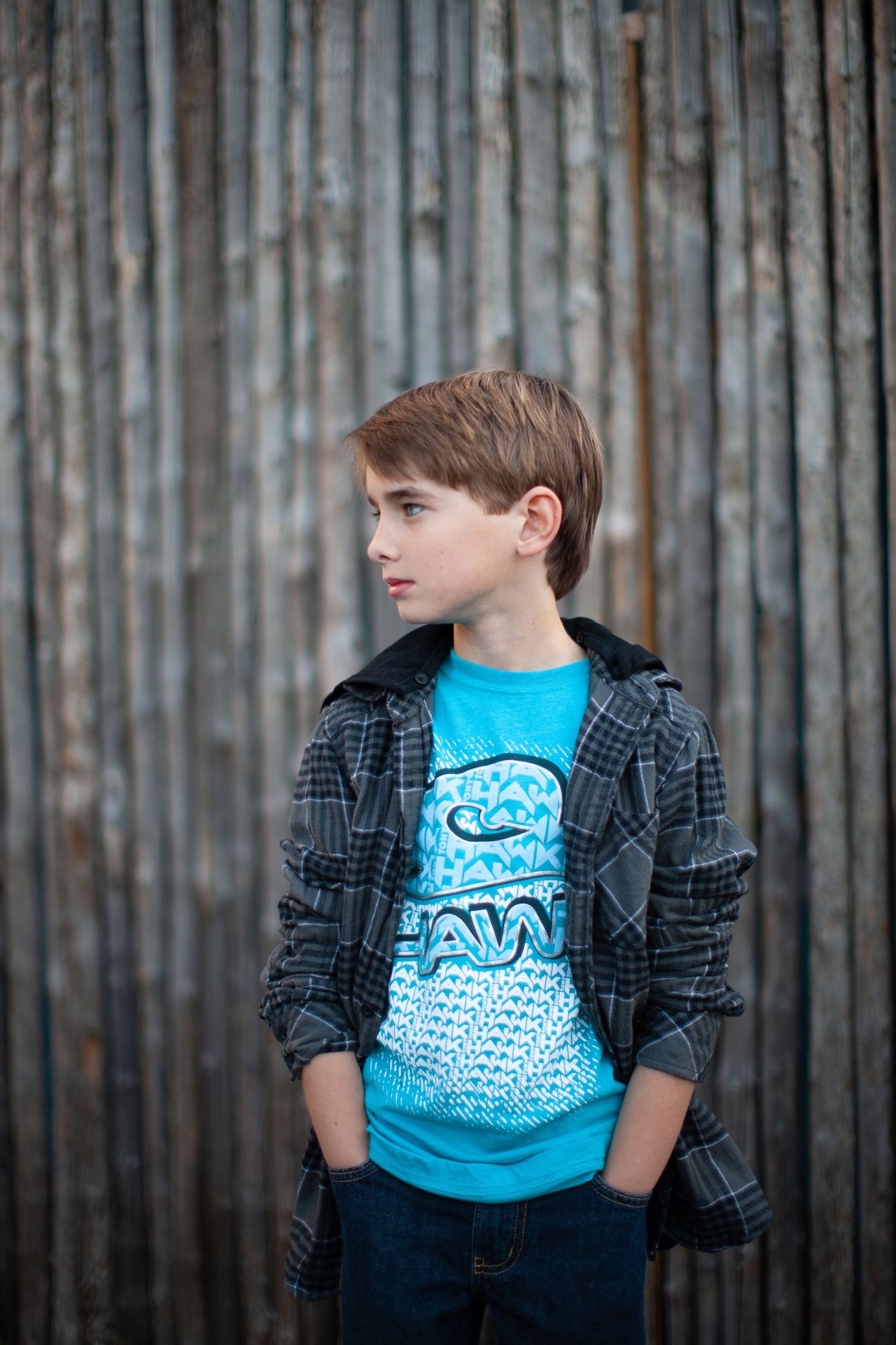 A sequence of three photos showing a person in a bright blue t-shirt against a rustic wooden wall background.