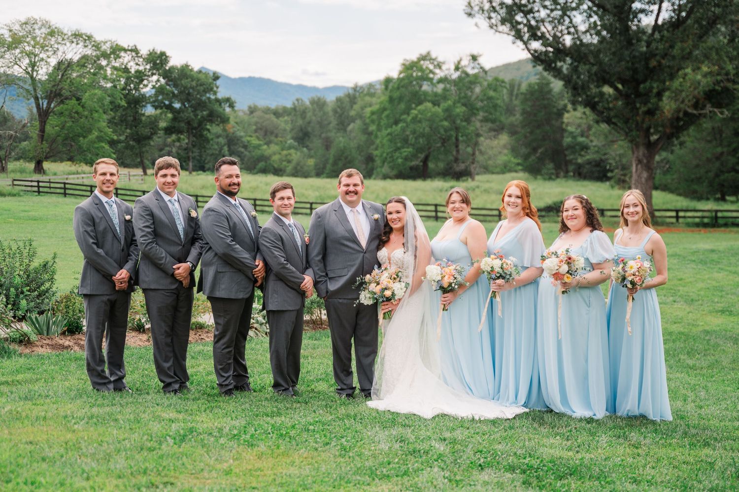 Wedding party poses outdoors on green lawn with mountain views, groomsmen in gray suits and bridesmaids in light blue gowns.