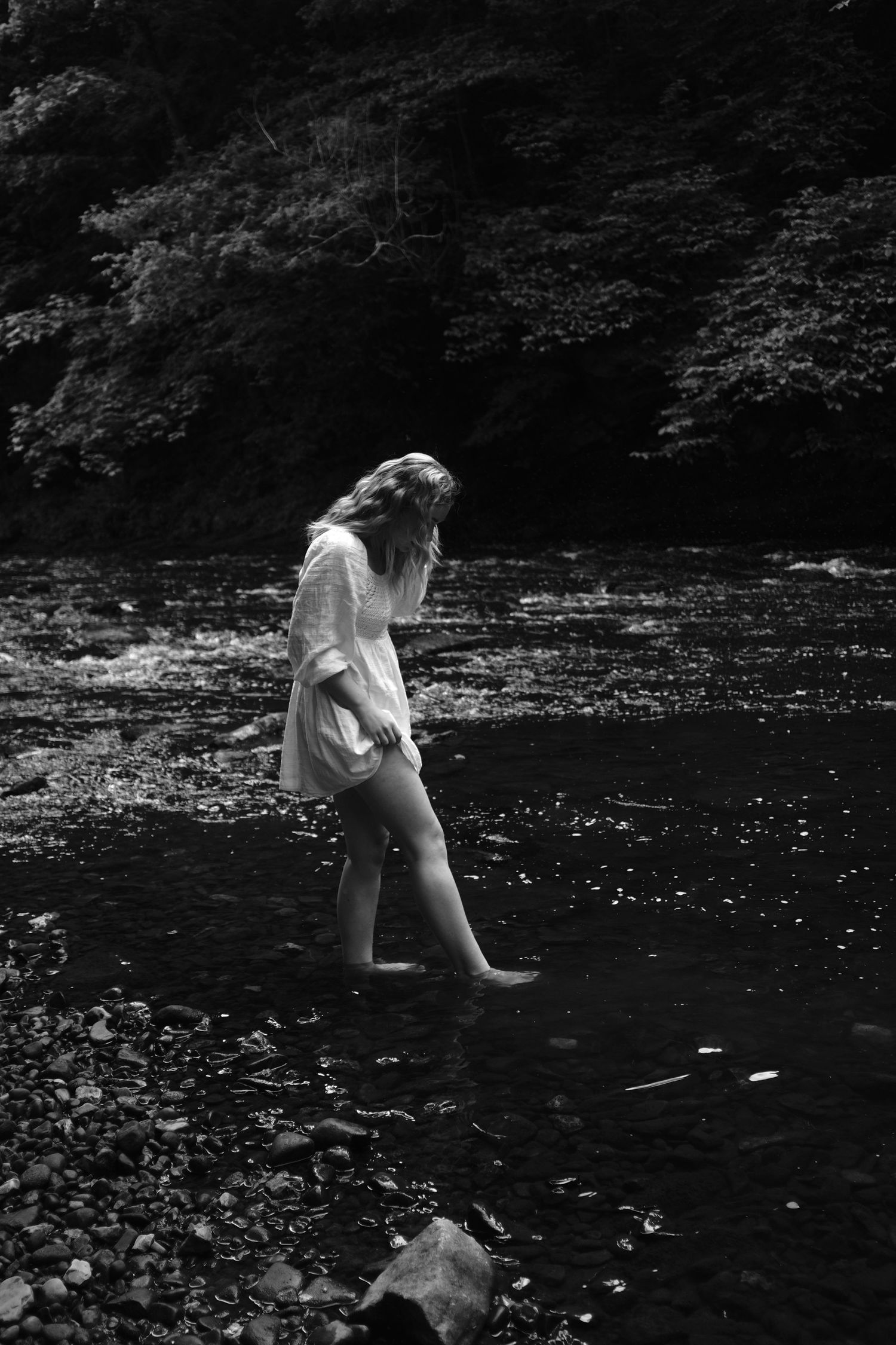 Black and white image of person wading in a serene forest stream.